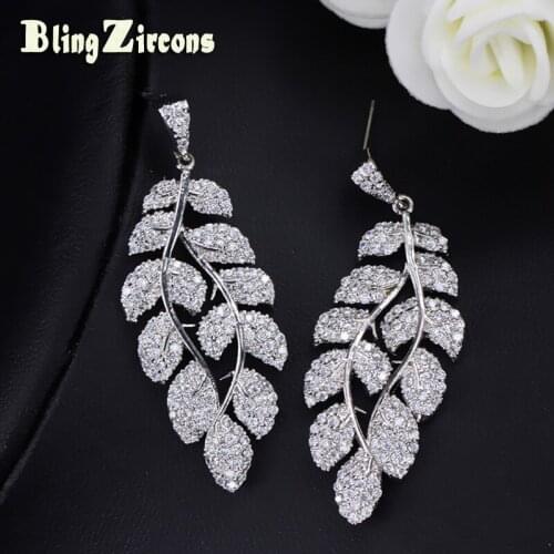 BeaQueen OL Style Cubic Zirconia Fashion Jewelry Leaf Cluster Micro Pave Zirconia Stone Long Drop Earrings for Women E090