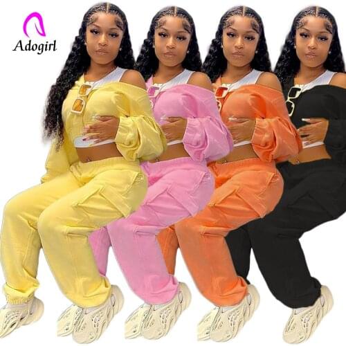 Tracksuit Women 2 Piece Set Solid Long Sleeve Zipper Fly Hooded Crop Coat + Jogging Pants Matching Set Fitness Workout Sweatsuit