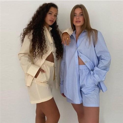 Summer Homewear Tracksuit Women Shorts Set Stripe Long Sleeve Shirt Top + Loose High Waisted Mini Shorts 2pcs Set 2021
