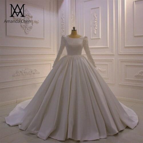 Vestidos de novia 2021 Long Sleeve Satin Muslim Wedding Dress