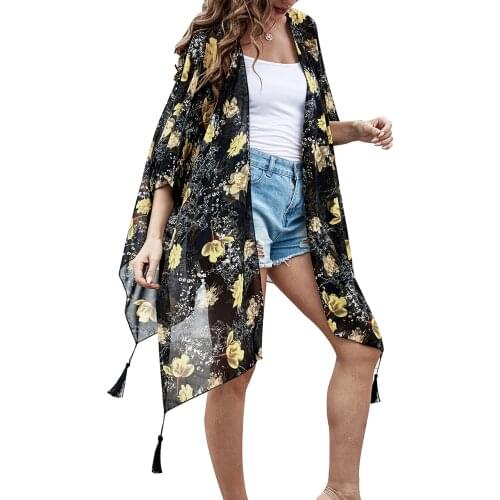 Women Print Kimono Cardigan V Neck Loose Beach Cover Up Chiffon Beach Blouses Sleeveless Pool Swimwear for Ladies Girls Summer