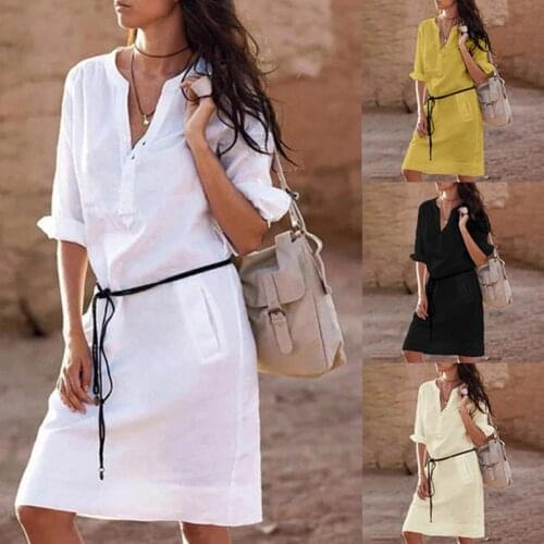 Hot Sales Autumn Summer Women V-Neck Long Sleeve Pocket Casual Short Dress with Waist Band