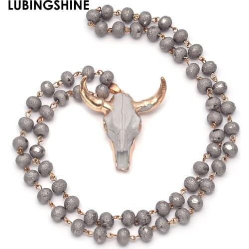 Gothic Bull Skull Head Long Chain Necklace For Women New Fashion Natural Stone Prayer Beads Necklace for Men Jewelry