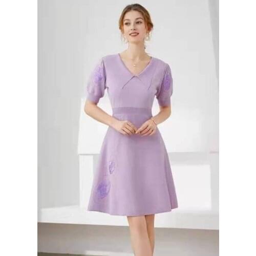 2021 Autumn Fashion Sweater Dress High Quality Women Turn-down Collar Lurex Embroidery Short Sleeve Black Purple Knitted Dress
