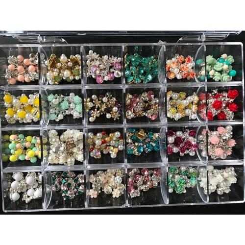 240pcs (24*10) Rose Flower Nail Jewelry Crystal Bright Pearl Nail Rhinestone Alloy Nail Art Luxury Zircon Decor 3D Tips Charms