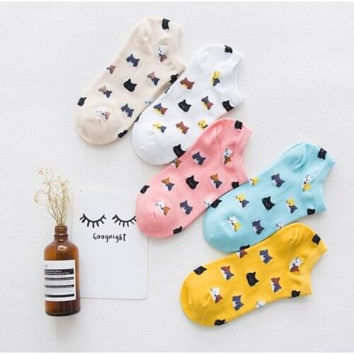 5 Pairs New Women Cotton Ankle Socks Cute Cat Comfortable Candy Color Funny Socks Casual Animal Cartoon Socks For Girls