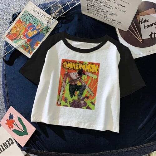 90S Y2K Kawaii Crop Top T Shirt Women Harajuku Tumblr Streetwear Tshirt Female Japanese Chainsaw Man Anime Graphic Printed Tees