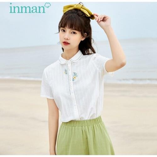 INMAN Dobby Cute Sweet Chic Blouse Art Elegant Style Turn Down Flower Embroidery Short Sleeve Women Summer Button Up Lady Tops