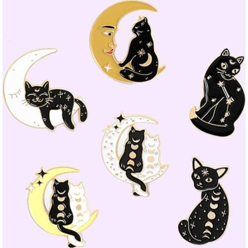 Cartoon Black And Chite Couple Cat Enamel Pin Moon Cute Brooch Bag Clothes Lapel Pin Sasha Away Badge Cartoon Jewelry Gift