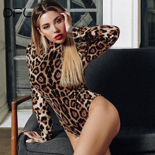 DFLlifes Sexy Deep High O-Neck Long Sleeve Bodysuit Women Jumpsuits Solid Leopard Skinny Bodycon Lady Leotard Body Tops Hot