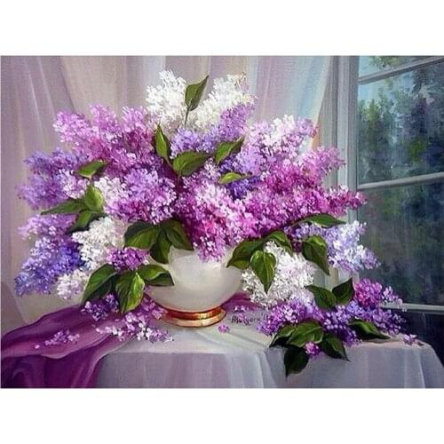 DIY Diamond Painting Flower Kits for Adults Purple Lilac Flowers Round Drill Gem Art Home Decor