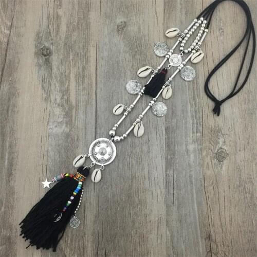 Double Layer Bohemian Long String Chain Necklace Shell Bead Alloy Tassel Pendants Necklace For Women Boho Jewelry