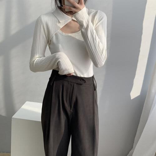 False Two Pieces Hollow Out Sweater Women Clothes 2021 Spring New Fashion Slim Casual Polo Collar Knitted Sweater Z173