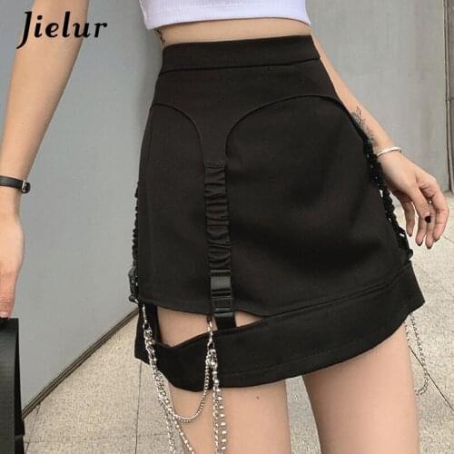 Jielur Black A-line Skirt 2021 Summer High Street Metal Chain Womens Skirt Hollow Out Split Sexy Package Hip Faldas Skirts S-XL