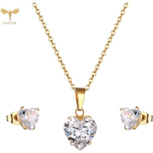 Crystal Heart Pendant Necklace Earrings Stainless Steel Fashion Elegant Geometric Jewelry Set for Women