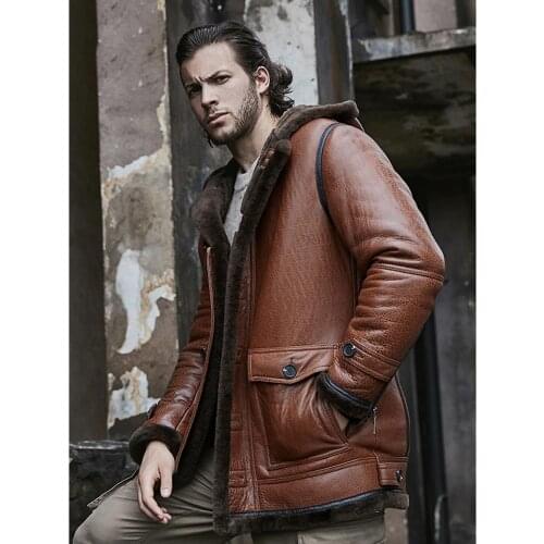 2019 New Mens Shearling Jacket Sheepskin Coat Hooded Mens Leather Jacket Fur Coat Long Mens Winter Coat