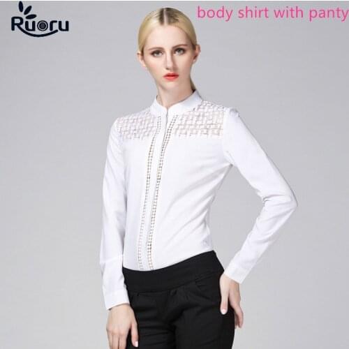 Ruoru Fashion Long Sleeve Stand Collar White Bodysuit Blouse OL Slim Lace Body Shirt Work Wear Tops Hollow Out Femme Blusas