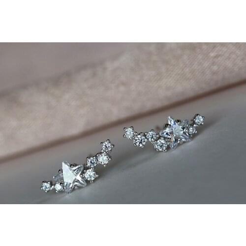 White Crystal Zircon Stone Earrings Cute Female Small Star Stud Earrings 100% Real 925 Sterling Silver Earrings For Women Party