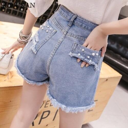 Boyfriend Sexy beading denim shorts female high waist made hole denim shorts summer Korean version was thin hot shorts