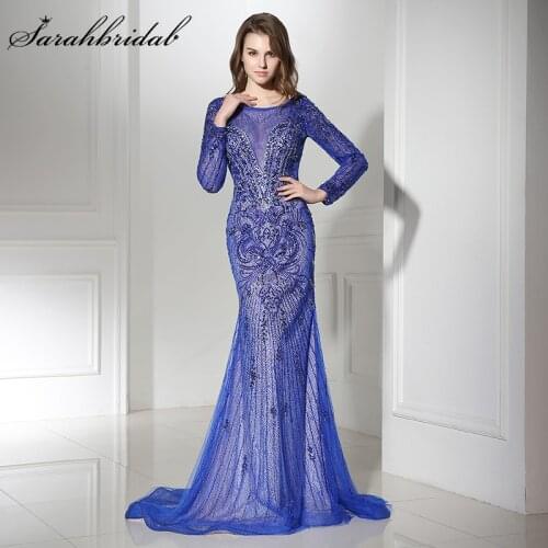 Sexy Evening Gown O Neck Illusion Long Sleeve Floor Length Party Dresses Beaded Sequins Empire Lace Trumpet Robe De Soiree LX366