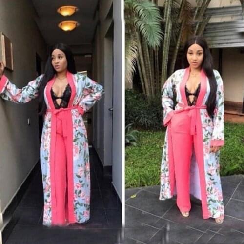 2021 Spring African Clothing Women Fashion Flowers Print Two Piece Set Long Sleeve Tops Gown And Pants Matching Casual Outfits