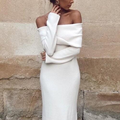 Vintage Women Elegant Off The Shouder Bomb Knitted Long Dresses 2021 Spring Fashion Ladies Slim Chic Dress Female Stylish