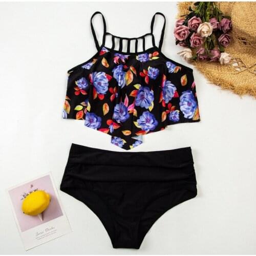 Retro High Neck Floral Print Bikini Set Ruffle Bikinis Women Push Up Swimwear Ruffled High Waisted Bathing Suit Beach Swimsuit