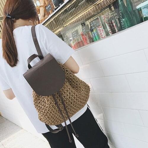 For women wicker woven school bag for teenager girls rattan summer beach big purses lady back packs 2022 casual straw backpacks