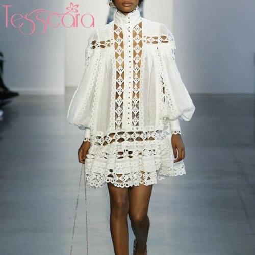 TESSCARA Women Luxury Elegant Beading Dress Shirt High Quality Lantern Sleeve Designer Robe Femme Vintage Turtleneck Vestidos