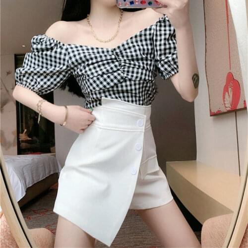 Women 2021 Summer Off Shoulder Plaid Blouse Tops Sweet 2 Piece Set + High Waist A Line Shorts Skirts Suits Lady Casual Sets Y31