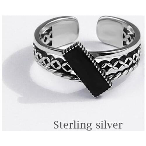 Sole Memory Creative Retro Black Drip Glaze Square 925 Sterling Silver Female Resizable Opening Rings SRI700