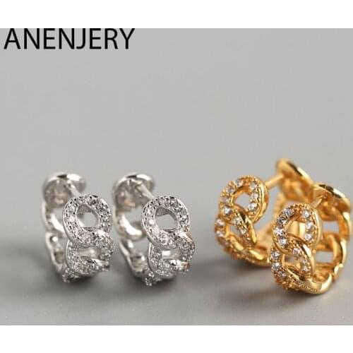 ANENJERY 925 Sterling Silver Chain-shaped Earrings for Women Round Circle Micro-Lnlaid Zircon Earrings Jewelry Gifts S-E1399