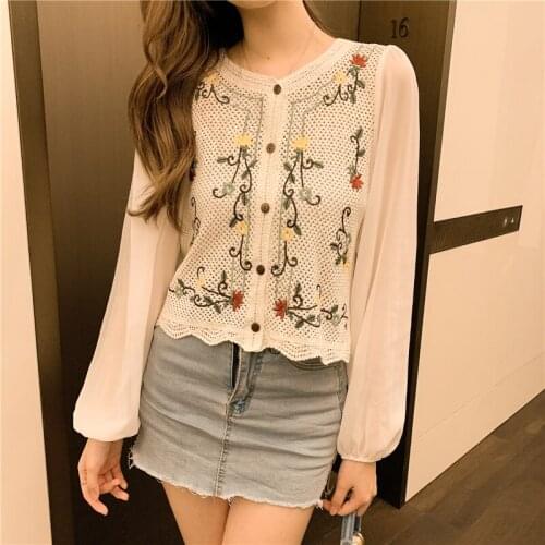 Women O-neck Hollow Embroidery Short Knitted Cardigan Sweater Top 2021 Spring Autumn Long Sleeve Patchwork Chic Pull Femme