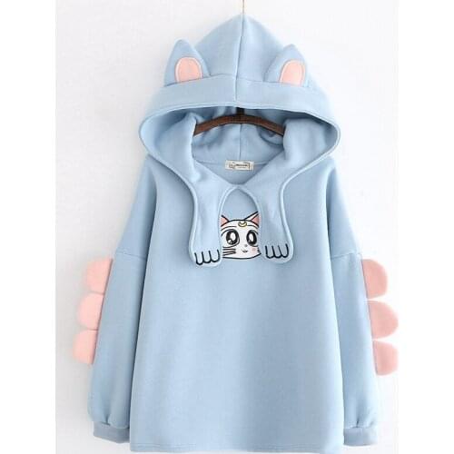 Cute Moon Cat Fall Winter Womens Hoodies Claws Thicken Warm Pullovers Long Hooded Embroidery Tops Cute
