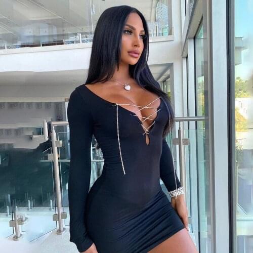 Justchicc Long Sleeve Hollow Out Women Dress Deep V-neck Diamonds Solid Sexy Autumn Dresses Chain Elegant Slim Bodycon Dresses
