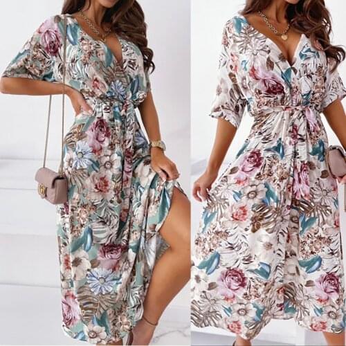 V-neck Dress Women Fashion Half Sleeve Floral A-line Long Dresses Female Casual Summer Bandage Large Size Maxi Dress Robe