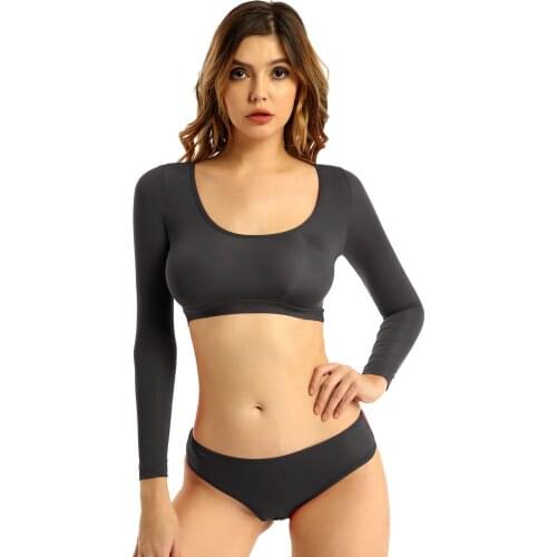 Women Sexy Lingerie Underwear Solid Color Lingerie Suit Scoop Neck Long Sleeve Crop Top with Crotchless Briefs Set Exotic Outfit