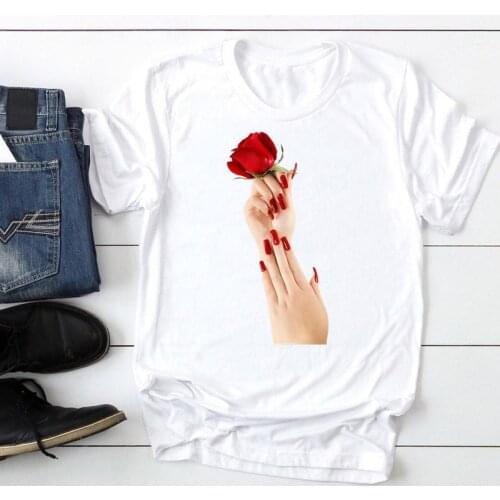 2021 Women Short Sleeve Flower Finger Nail Ladies Fashion Cartoon Summer Lady Print Tee Stylish T Top Tshirts Clothes T-Shirt