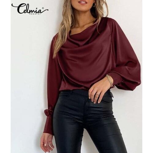 Celmia Long Lantern Sleeve Fashion Satin Blouses Cowl Neck Lady Elegant Casual Shirts 2021 Autumn Femininas Solid Women Tops