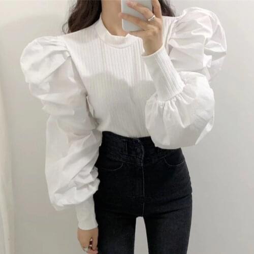 Elegant Autumn Puff Long Sleeve Shirt Blouse Spring Women Knitted Pullover Tops Solid Female chic Blusas Mujer