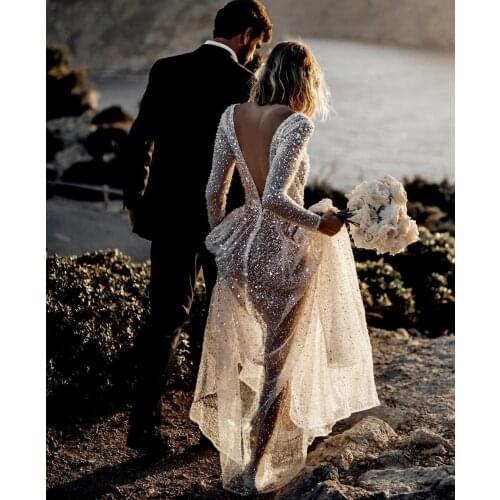 FATAPAESE Wedding Dress Floor Length Party Gowns Beach Sexy V-Neck Hollow Shiny Bridal Gowns Свадебное платье Vestido de Noiva