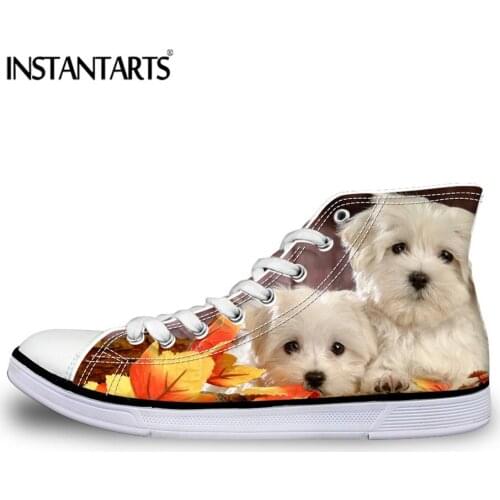 INSTANTARTS High Top Canvas Vulcanized Girl Boy Sneakers Shoes Classic Fashion 3D Cute Maltese Prints Shoes Casual Lace Up Flats