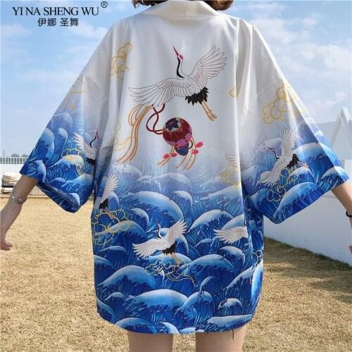 Harajuku Crane Wave Print Japanese Kimono Cardigan Men Women Summer Haori Samurai Kimonos Streetwear Shirt Kimono Haori Yukata
