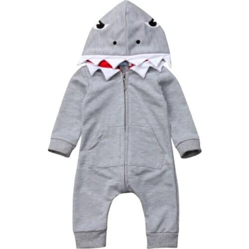 Cartoon Newborn Baby Boy Girl Long Sleeve Zipper 3D Shark Hooded Romper Jumpsuit Playsuit Winter Clothes