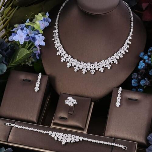 Janekelly 4pcs Bridal Zirconia Full Jewelry Sets For Women Party, Luxury Dubai Nigeria CZ Crystal Wedding Jewelry Sets