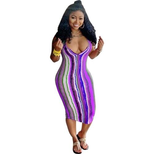 Contrast Color Striped Printed Holiday Bodycon Spaghetti Strap Dresses For Womens Outfits Summer 2021 New Arrival Sundress