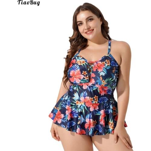TiaoBug Summer Women Plus Size One-Piece Floral Print Swimming Jumpsuit Adjustable Straps Removable Pads Beach Pool Swimwear