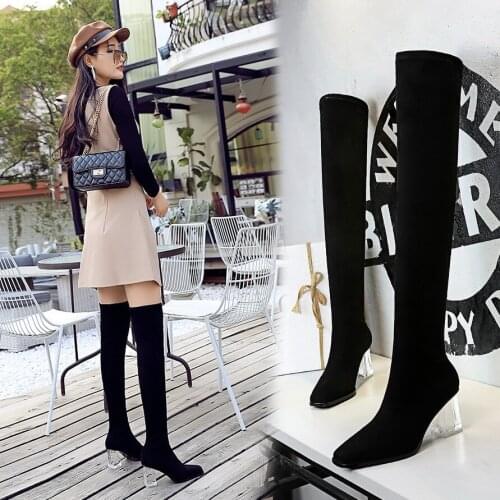 LTARTA Fashion Womens Boots Transparent Crystal Heel High Square Suede Sexy Slimming Slender Over-the-Knee Boots DS-9789-6