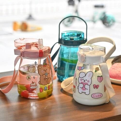Cute Double Drink Big Belly Water Cup Large Capacity Outdoor Strap Straw Water Bottle High Temperature 1100ml Adult Student