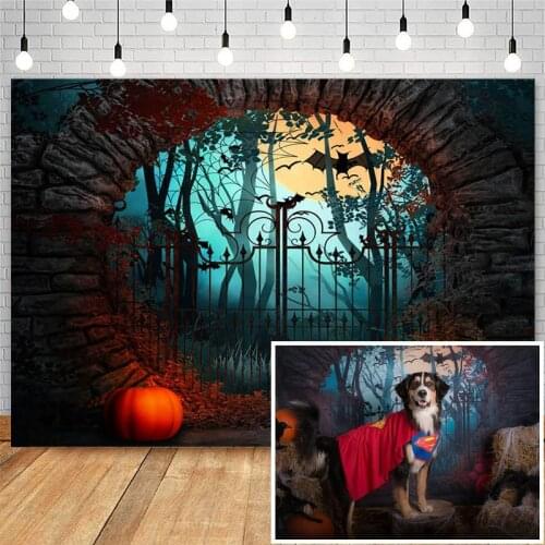 Mocsicka Halloween Theme Photography Background Pumpkin Lron Gate Black Bat Backdrop Decor Photocall Background Photo Studio